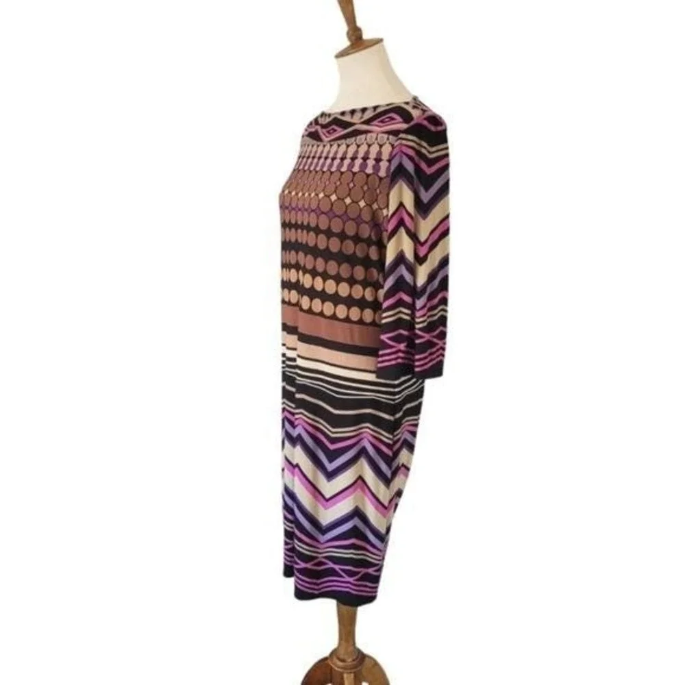 Donna Morgan 90s‎ Geometric Polka Dot Boat Neck Sheath Dress Purple Tan Black